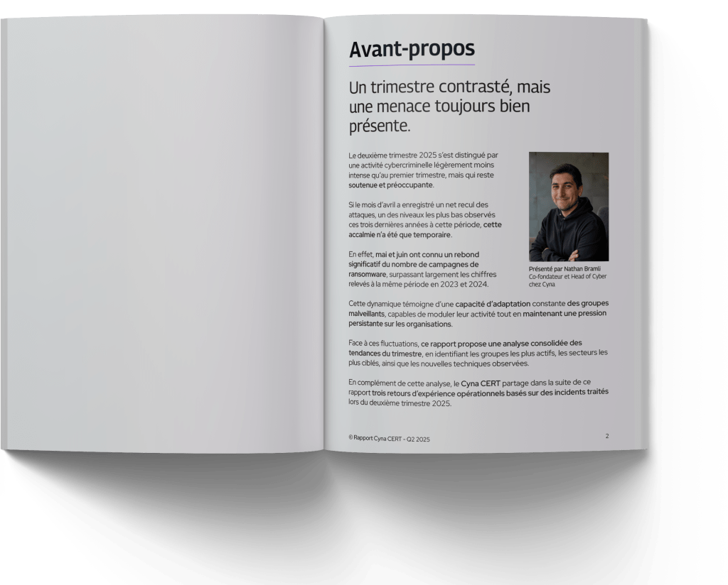 Couverture du rapport Cyna CERT sur les tendances cybersécurité du deuxième trimestre 2025