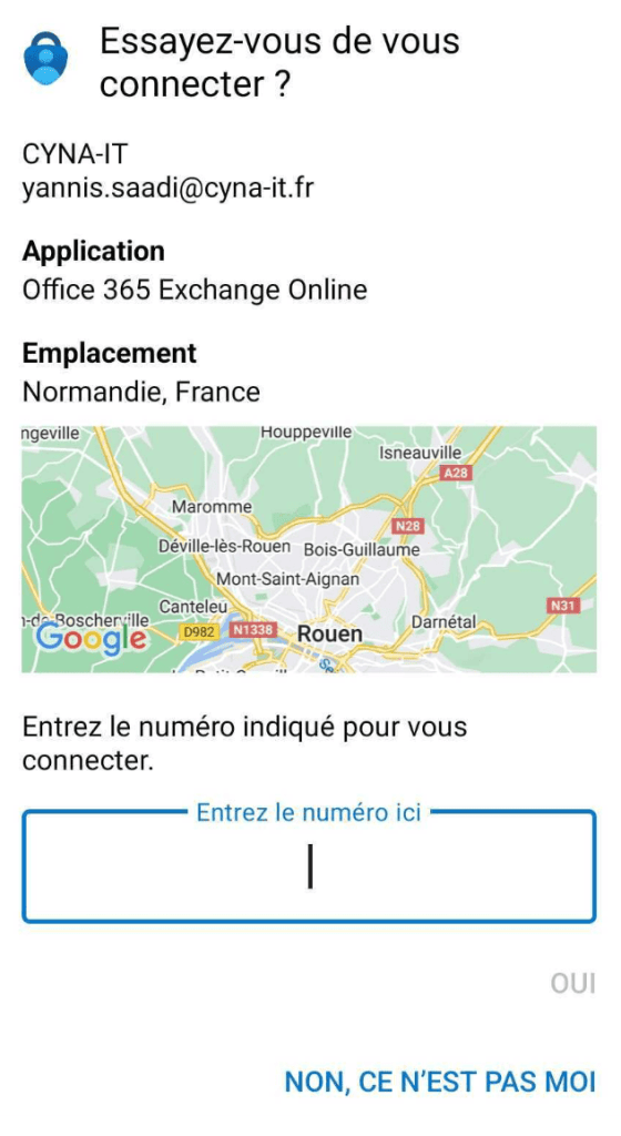 Capture d'une notification MFA Microsoft Authenticator avec correspondance de numéro