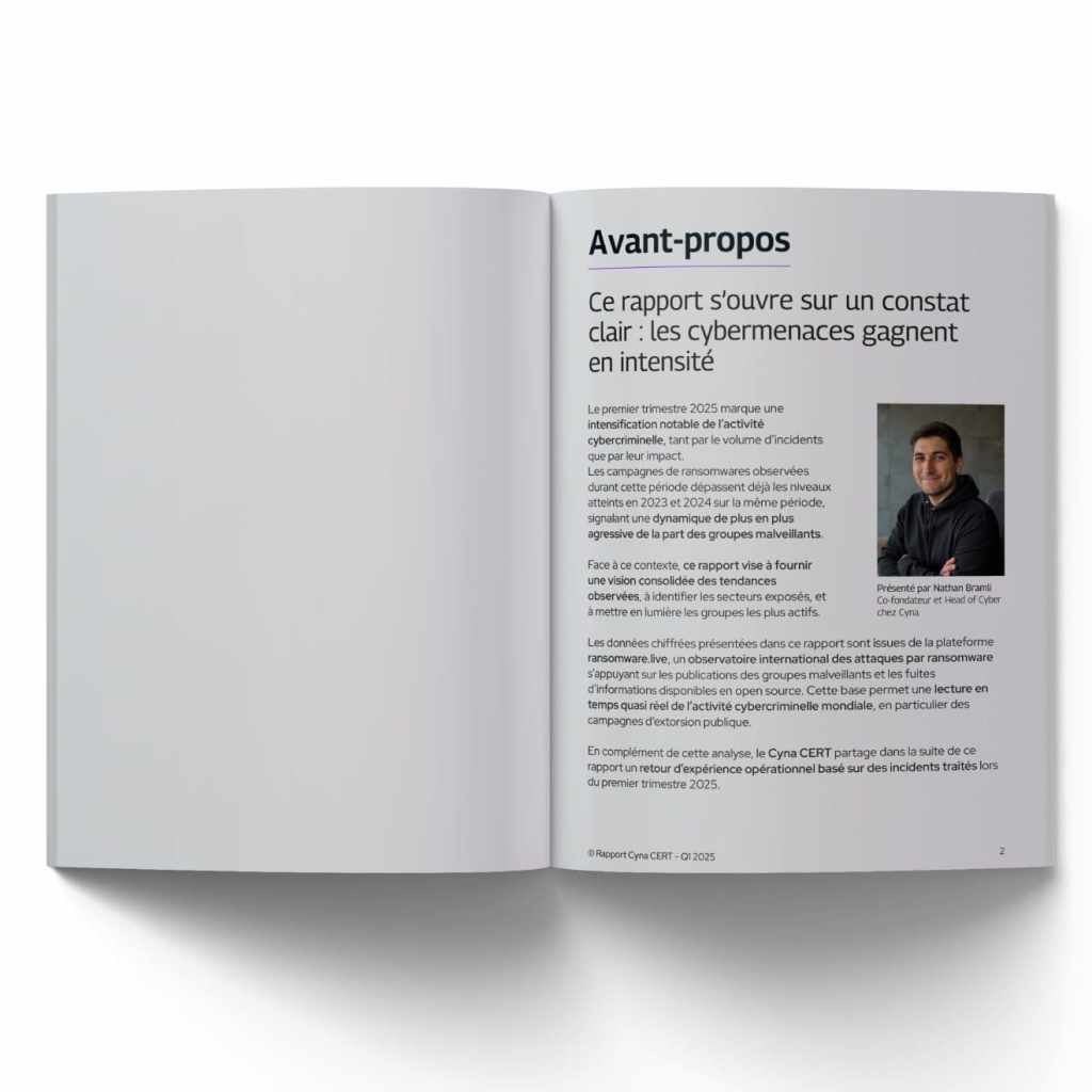 Couverture du rapport Cyna CERT sur les tendances et menaces cybersécurité du premier trimestre 2025